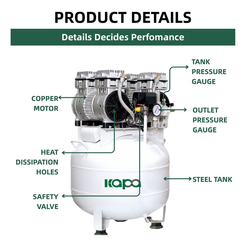 Silent Piston 2HP Oil Free Air Compressor 8bar  270 L/min W/ 50L Steel Tank