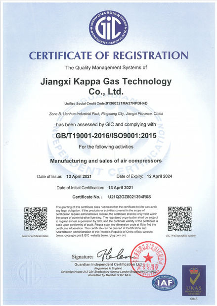 China Jiangxi Kappa Gas Technology Co.,Ltd certificaten